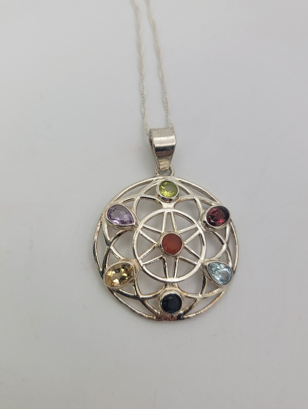 Multi-Gemstone Sterling Silver Pendant 18" Necklace - Mandala Design